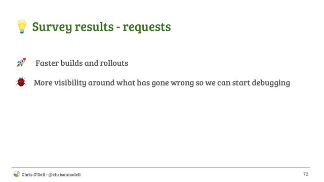 72
 Chris O’Dell - @chrisannodell
 Survey results - requests
Faster builds and rollouts
More visibility around what has gone wrong so we can start debugging


