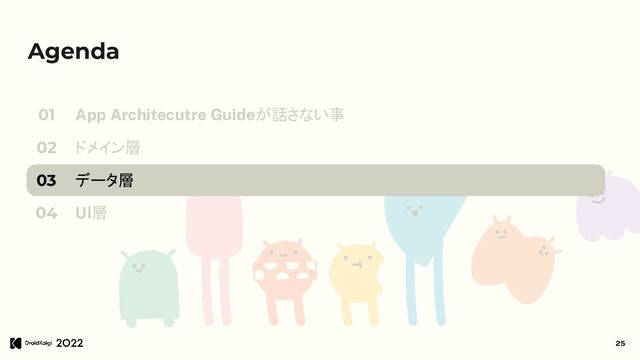 Agenda
App Architecutre Guideが話さない事
ドメイン層
データ層
UI層
01
02
03
04
25
