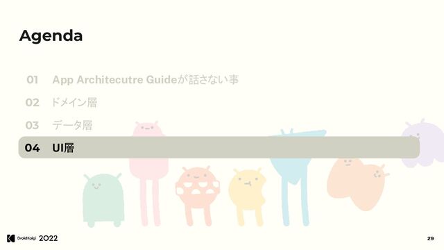 Agenda
App Architecutre Guideが話さない事
ドメイン層
データ層
UI層
01
02
03
04
29
