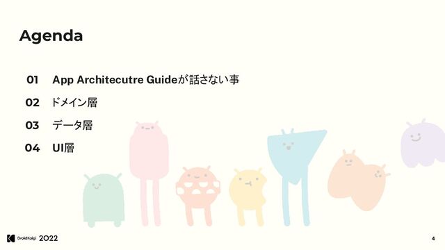 Agenda
App Architecutre Guideが話さない事
ドメイン層
データ層
UI層
01
02
03
04
4

