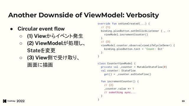 Another Downside of ViewModel: Verbosity
● Circular event ﬂow
○ (1) Viewからイベント発生
○ (2) ViewModelが処理し、
Stateを変更
○ (3) View側で受け取り、
画面に描画
33
override fun onViewCreated(...) {
// (1)
binding.plusButton.setOnClickListener { _ ->
viewModel.incrementCounter()
}
// (3)
viewModel.counter.observe(viewLifeCycleOwner) {
binding.plusButton.text = "Count: $it"
}
}
class CounterViewModel {
private val _counter = MutableStateFlow(0)
val counter: StateFlow
get() = _counter.asStateFlow()
fun incrementCounter() {
// (2)
_counter.value += 1
// something aync...
}
}
