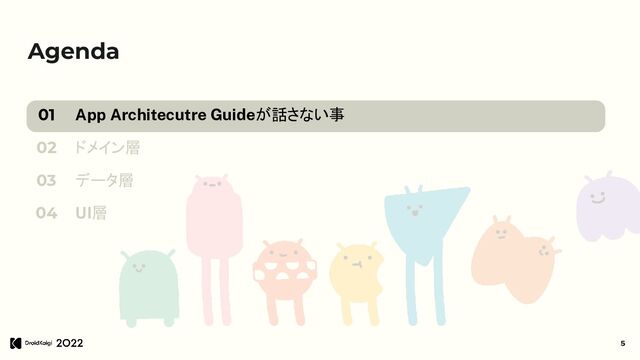 Agenda
App Architecutre Guideが話さない事
ドメイン層
データ層
UI層
01
02
03
04
5
