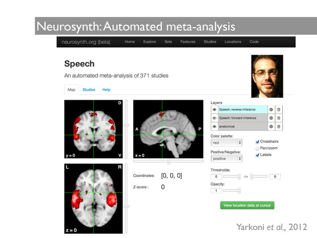 Neurosynth: Automated meta-analysis
Yarkoni et al., 2012
