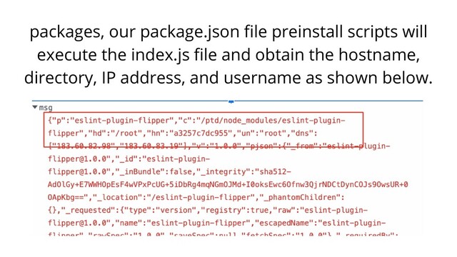 packages, our package.json file preinstall scripts will
execute the index.js file and obtain the hostname,
directory, IP address, and username as shown below.
