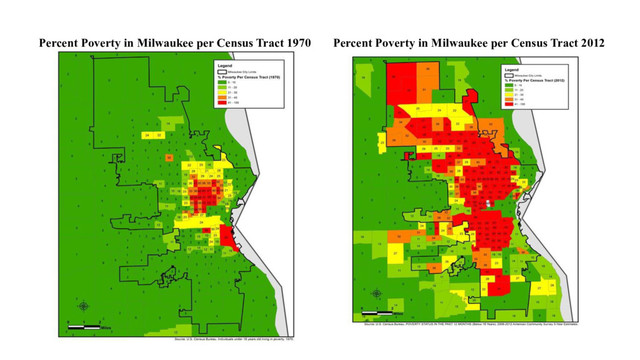 Percent Poverty in Milwaukee per Census Tract 1970 Percent Poverty in Milwaukee per Census Tract 2012

