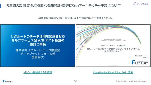 © Recruit Co., Ltd. All Rights Reserved
８年間の教訓 変化に柔軟な業務設計/変更に強いアーキテクチャ実装について
31
MLOps勉強会#14 資料 Cloud Native Days Tokyo 2021 資料
具体的かつ詳細な設計・実装は、以下の資料内容をご参考ください。
