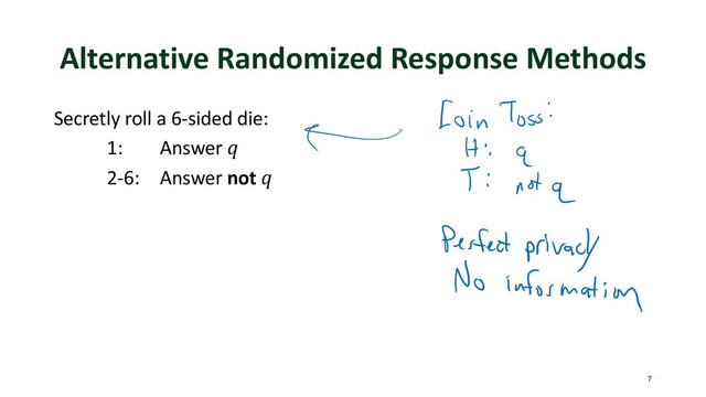 Alternative Randomized Response Methods
Secretly roll a 6-sided die:
1: Answer !
2-6: Answer not !
7
