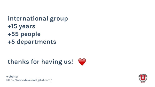 international group
+15 years
+55 people
+5 departments
website:
https://www.develondigital.com/
thanks for having us!

