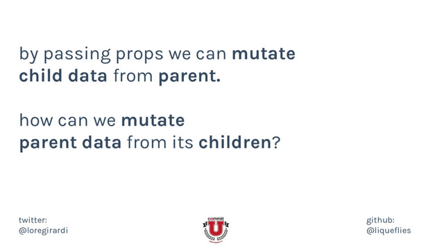by passing props we can mutate
child data from parent.
how can we mutate
parent data from its children?
twitter:
@loregirardi
github:
@liqueflies
