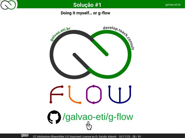 Doing it myself… or g-flow
galvao.eti.br
CC Attribution-ShareAlike 3.0 Unported License by Er Galvão Abbott - 10/17/23 - 28 / 81
Solução #1
/galvao-eti/g-flow
t

