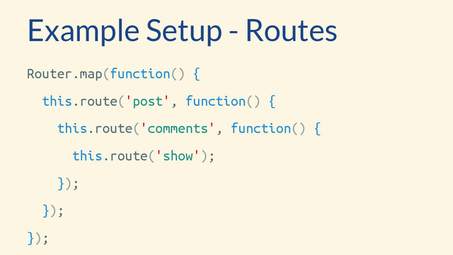 Router.map(function() {
this.route('post', function() {
this.route('comments', function() {
this.route('show');
});
});
});
Example Setup - Routes
