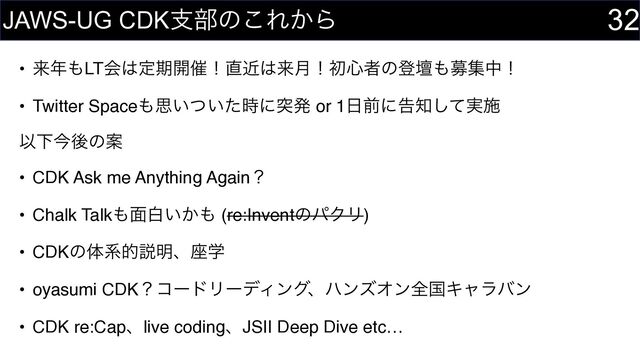 • དྷ೥΋LTձ͸ఆظ։࠵ʂ௚ۙ͸དྷ݄ʂॳ৺ऀͷొஃ΋ืूதʂ
• Twitter Space΋ࢥ͍͍ͭͨ࣌ʹಥൃ or 1೔લʹࠂ஌࣮ͯ͠ࢪ
ҎԼࠓޙͷҊ
• CDK Ask me Anything Againʁ
• Chalk Talk΋໘ന͍͔΋ (re:InventͷύΫϦ)
• CDKͷମܥతઆ໌ɺ࠲ֶ
• oyasumi CDKʁίʔυϦʔσΟϯάɺϋϯζΦϯશࠃΩϟϥόϯ
• CDK re:Capɺlive codingɺJSII Deep Dive etc…
32
JAWS-UG CDKࢧ෦ͷ͜Ε͔Β
