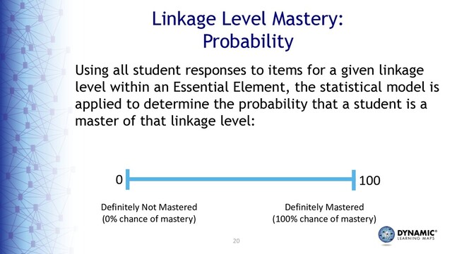 20
Linkage Level Mastery:
Probability
Using all student responses to items for a given linkage
level within an Essential Element, the statistical model is
applied to determine the probability that a student is a
master of that linkage level:
Definitely Not Mastered
(0% chance of mastery)
Definitely Mastered
(100% chance of mastery)
0 100

