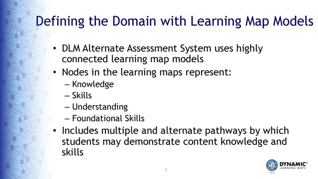 5
Defining the Domain with Learning Map Models
• DLM Alternate Assessment System uses highly
connected learning map models
• Nodes in the learning maps represent:
– Knowledge
– Skills
– Understanding
– Foundational Skills
• Includes multiple and alternate pathways by which
students may demonstrate content knowledge and
skills
