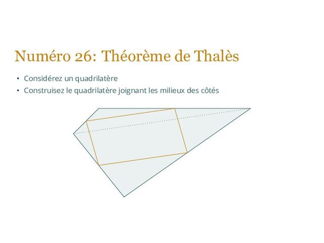 Numéro 26: Théorème de Thalès
• Considérez un quadrilatère
• Construisez le quadrilatère joignant les milieux des côtés
