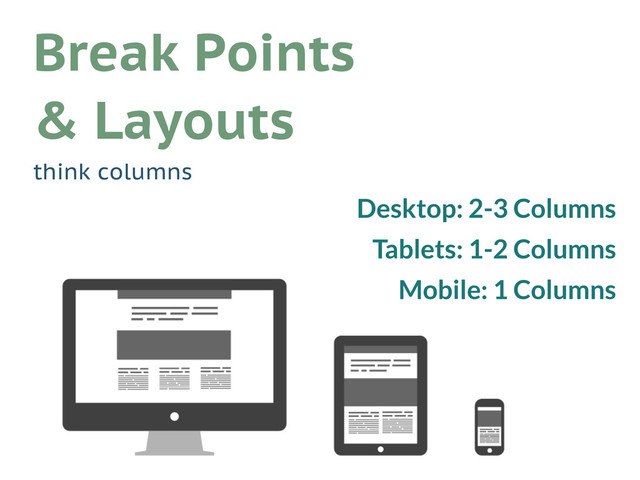 Desktop: 2-3 Columns
Tablets: 1-2 Columns
Mobile: 1 Columns
Break Points
& Layouts
think columns
