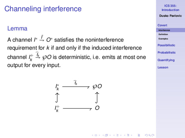 ICS 355:
Introduction
Dusko Pavlovic
Covert
Interference
Deﬁnition
Examples
Possibilistic
Probabilistic
Quantifying
Lesson
Channeling interference
Lemma
A channel I∗ f
⇁ O∗ satisﬁes the noninterference
requirement for k if and only if the induced interference
channel I+
k
fk
⇁ ℘O is deterministic, i.e. emits at most one
output for every input.
I∗
k
℘O
I+
k
O
fk
