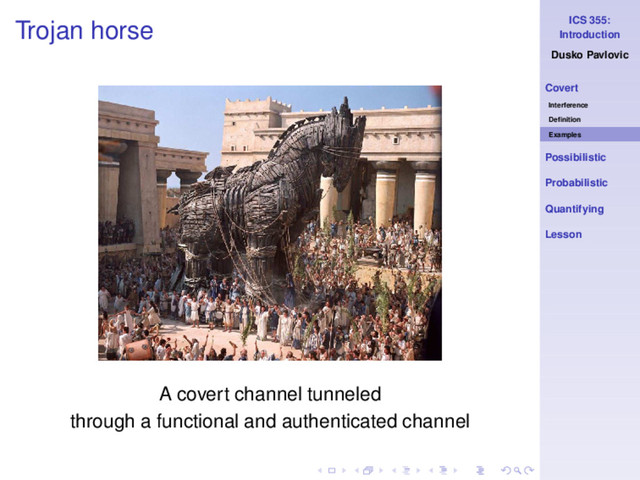 ICS 355:
Introduction
Dusko Pavlovic
Covert
Interference
Deﬁnition
Examples
Possibilistic
Probabilistic
Quantifying
Lesson
Trojan horse
A covert channel tunneled
through a functional and authenticated channel
