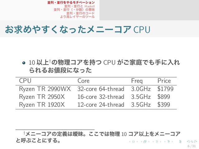 並列・並行をやるモチベーション
並列・並行と Haskell
並列・並行（・分散）の意味
並列・並行のコード
より高レイヤーのツール
お求めやすくなったメニーコアCPU
10 以上†の物理コアを持つ CPU がご家庭でも手に入れ
られるお値段になった
CPU Core Freq Price
Ryzen TR 2990WX 32-core 64-thread 3.0GHz $1799
Ryzen TR 2950X 16-core 32-thread 3.5GHz $899
Ryzen TR 1920X 12-core 24-thread 3.5GHz $399
†メニーコアの定義は曖昧。ここでは物理 10 コア以上をメニーコア
と呼ぶことにする。
6 / 31
