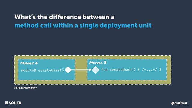 @duffleit
What’s the difference between a
method call within a single deployment unit
Deployment Unit
Module A Module B
moduleB.createUser() fun createUser() { /*...*/ }
