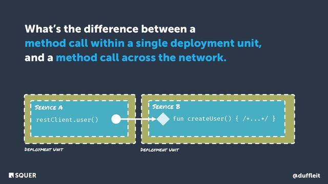 @duffleit
What’s the diﬀerence between a
method call within a single deployment unit,
and a method call across the network.
Deployment Unit
Deployment Unit
Service A Service B
restClient.user() fun createUser() { /*...*/ }
