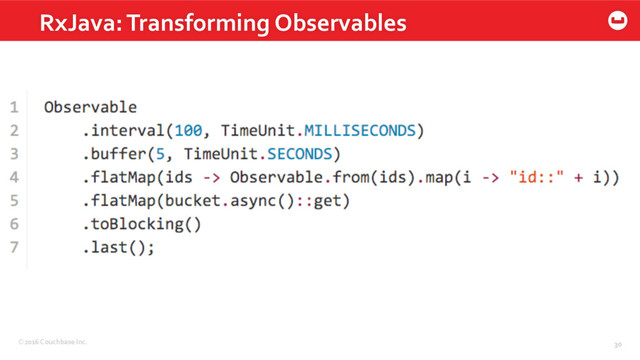 ©2016 Couchbase Inc. 30
RxJava: Transforming Observables
30
