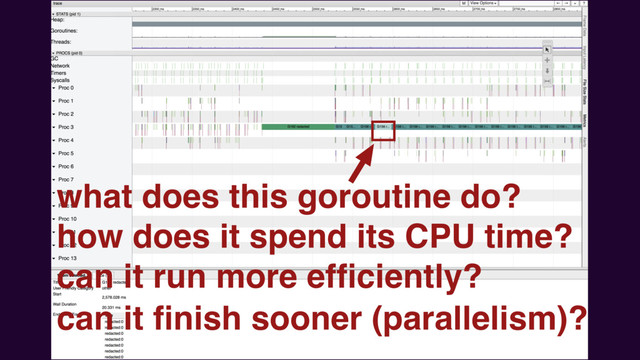 pp-quiet-10.ﬁrst.trace.redacted.html
what does this goroutine do?
how does it spend its CPU time?
can it run more efﬁciently?
can it ﬁnish sooner (parallelism)?
