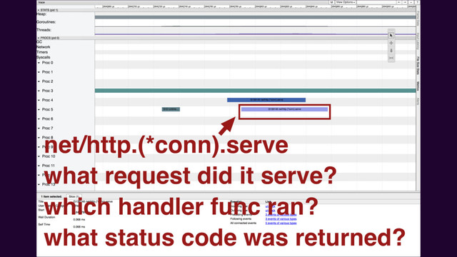 pp-quiet-10.ﬁrst.trace.redacted.html
net/http.(*conn).serve
what request did it serve?
which handler func ran?
what status code was returned?
