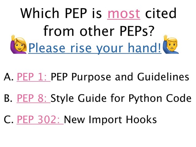 Which PEP is most cited
from other PEPs?
A. PEP 1: PEP Purpose and Guidelines
B. PEP 8: Style Guide for Python Code
C. PEP 302: New Import Hooks
)Please rise your hand!
*
