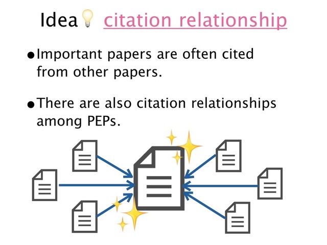 Idea& citation relationship
•Important papers are often cited  
from other papers.
•There are also citation relationships 
among PEPs.
✨
✨

