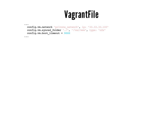 VagrantFile
...
config.vm.network "private_network", ip: "33.33.33.100"
config.vm.synced_folder "./", "/var/www", type: "nfs"
config.vm.boot_timeout = 9000
...

