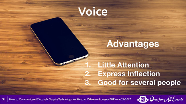 How to Communicate Effectively Despite Technology! — Heather White — LonestarPHP — 4/21/2017
31
Voice
Advantages
1. Little Attention
2. Express Inﬂection
3. Good for several people
