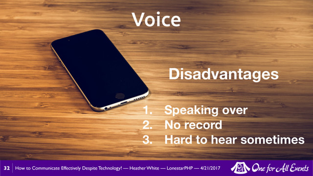 How to Communicate Effectively Despite Technology! — Heather White — LonestarPHP — 4/21/2017
32
Voice
Disadvantages
1. Speaking over
2. No record
3. Hard to hear sometimes
