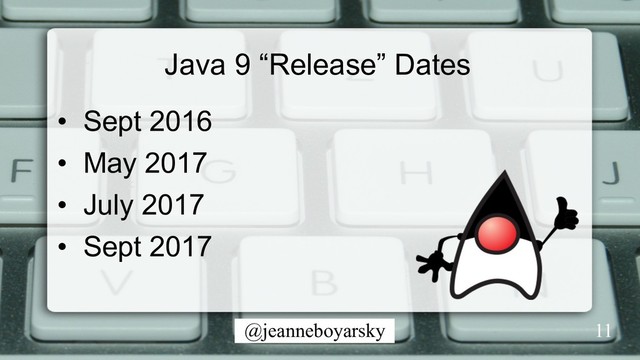 @jeanneboyarsky
Java 9 “Release” Dates
•  Sept 2016
•  May 2017
•  July 2017
•  Sept 2017
11

