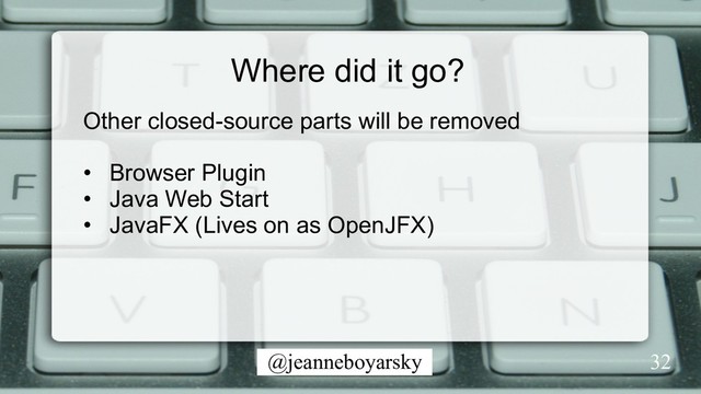 @jeanneboyarsky
Where did it go?
32
Other closed-source parts will be removed
•  Browser Plugin
•  Java Web Start
•  JavaFX (Lives on as OpenJFX)
