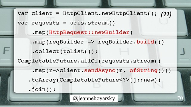 @jeanneboyarsky
(11)
var client = HttpClient.newHttpClient();
var requests = uris.stream()
.map(HttpRequest::newBuilder)
.map(reqBuilder -> reqBuilder.build())
.collect(toList());
CompletableFuture.allOf(requests.stream()
.map(r->client.sendAsync(r, ofString()))
.toArray(CompletableFuture>[]::new))
.join();
70
