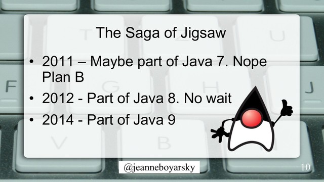 @jeanneboyarsky
The Saga of Jigsaw
•  2011 – Maybe part of Java 7. Nope
Plan B
•  2012 - Part of Java 8. No wait
•  2014 - Part of Java 9
10
