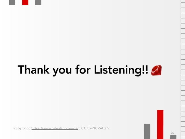 Thank you for Listening!!
25
Ruby Logo(https://www.ruby-lang.org/ja/ ) CC BY-NC-SA 2.5
