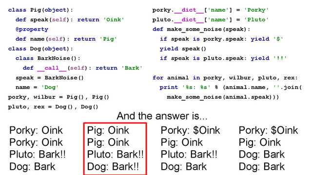 class Pig(object):
def speak(self): return 'Oink'
@property
def name(self): return 'Pig'
class Dog(object):
class BarkNoise():
def __call__(self): return 'Bark'
speak = BarkNoise()
name = 'Dog'
porky, wilbur = Pig(), Pig()
pluto, rex = Dog(), Dog()
porky.__dict__['name'] = 'Porky'
pluto.__dict__['name'] = 'Pluto'
def make_some_noise(speak):
if speak is porky.speak: yield '$'
yield speak()
if speak is pluto.speak: yield '!!'
!
for animal in porky, wilbur, pluto, rex:
print '%s: %s' % (animal.name, ''.join(
make_some_noise(animal.speak)))
Porky: $Oink
Pig: Oink
Pluto: Bark!!
Dog: Bark
Porky: $Oink
Pig: Oink
Dog: Bark
Dog: Bark
Pig: Oink
Pig: Oink
Pluto: Bark!!
Dog: Bark!!
Porky: Oink
Porky: Oink
Pluto: Bark!!
Dog: Bark
And the answer is...
