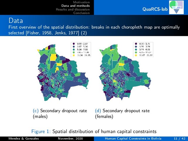 Motivation
Data and methods
Results and discussion
Conclusion
QuaRCS-lab
Data
First overview of the spatial distribution: breaks in each choropleth map are optimally
selected [Fisher, 1958, Jenks, 1977] (2)
(c) Secondary dropout rate
(males)
(d) Secondary dropout rate
(females)
Figure 1: Spatial distribution of human capital constraints
Mendez & Gonzales November, 2020 Human Capital Constraints in Bolivia 11 / 42
