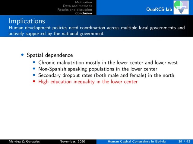 Motivation
Data and methods
Results and discussion
Conclusion
QuaRCS-lab
Implications
Human development policies need coordination across multiple local governments and
actively supported by the national government
• Spatial dependence
• Chronic malnutrition mostly in the lower center and lower west
• Non-Spanish speaking populations in the lower center
• Secondary dropout rates (both male and female) in the north
• High education inequality in the lower center
Mendez & Gonzales November, 2020 Human Capital Constraints in Bolivia 39 / 42
