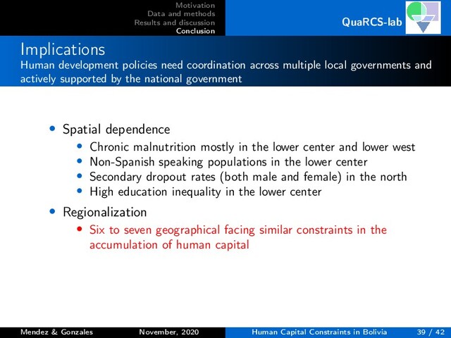 Motivation
Data and methods
Results and discussion
Conclusion
QuaRCS-lab
Implications
Human development policies need coordination across multiple local governments and
actively supported by the national government
• Spatial dependence
• Chronic malnutrition mostly in the lower center and lower west
• Non-Spanish speaking populations in the lower center
• Secondary dropout rates (both male and female) in the north
• High education inequality in the lower center
• Regionalization
• Six to seven geographical facing similar constraints in the
accumulation of human capital
Mendez & Gonzales November, 2020 Human Capital Constraints in Bolivia 39 / 42
