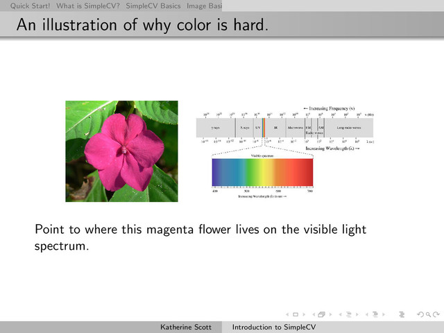 Quick Start! What is SimpleCV? SimpleCV Basics Image Basics Really Basic Operations Basic Manipulations Rendering Inform
An illustration of why color is hard.
Point to where this magenta ﬂower lives on the visible light
spectrum.
Katherine Scott Introduction to SimpleCV
