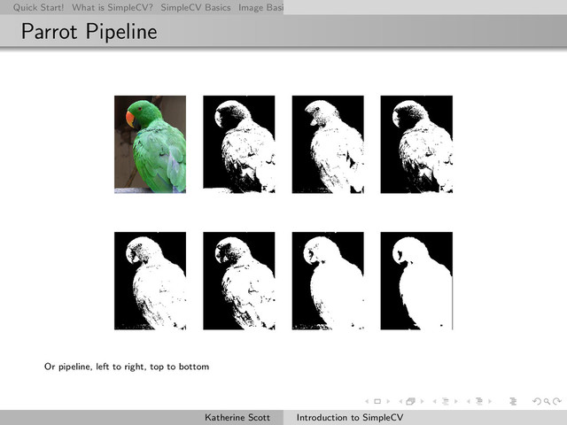 Quick Start! What is SimpleCV? SimpleCV Basics Image Basics Really Basic Operations Basic Manipulations Rendering Inform
Parrot Pipeline
Or pipeline, left to right, top to bottom
Katherine Scott Introduction to SimpleCV
