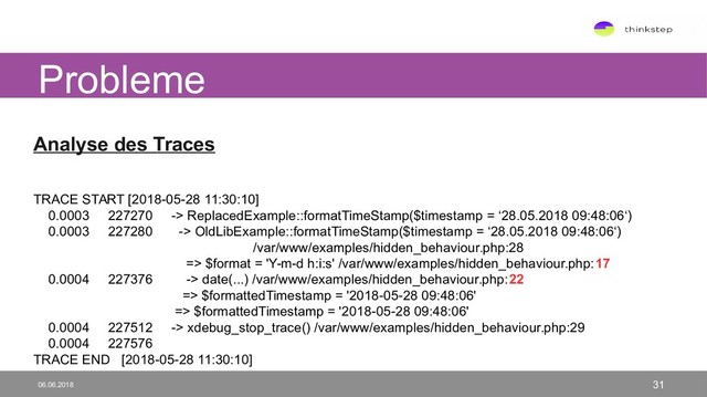 Analyse des Traces
TRACE START [2018-05-28 11:30:10]
0.0003 227270 -> ReplacedExample::formatTimeStamp($timestamp = ‘28.05.2018 09:48:06‘)
0.0003 227280 -> OldLibExample::formatTimeStamp($timestamp = ‘28.05.2018 09:48:06‘)
/var/www/examples/hidden_behaviour.php:28
=> $format = 'Y-m-d h:i:s' /var/www/examples/hidden_behaviour.php:17
0.0004 227376 -> date(...) /var/www/examples/hidden_behaviour.php:22
=> $formattedTimestamp = '2018-05-28 09:48:06'
=> $formattedTimestamp = '2018-05-28 09:48:06'
0.0004 227512 -> xdebug_stop_trace() /var/www/examples/hidden_behaviour.php:29
0.0004 227576
TRACE END [2018-05-28 11:30:10]
Probleme
06.06.2018 31
