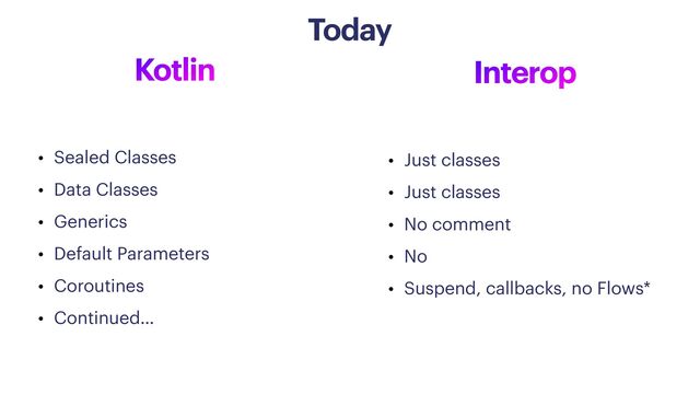 Kotlin
• Sealed Classes


• Data Classes


• Generics


• Default Parameters


• Coroutines


• Continued…
Interop
• Just classes


• Just classes


• No comment


• No


• Suspend, callbacks, no Flows*


Today
