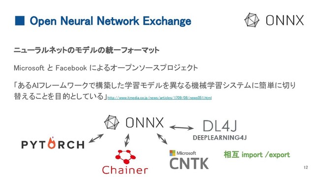 ■ Open Neural Network Exchange
ニューラルネットのモデルの統一フォーマット
Microsoft と Facebook によるオープンソースプロジェクト
「あるAIフレームワークで構築した学習モデルを異なる機械学習システムに簡単に切り
替えることを目的としている」http://www.itmedia.co.jp/news/articles/1709/08/news051.html
12
相互 import /export
