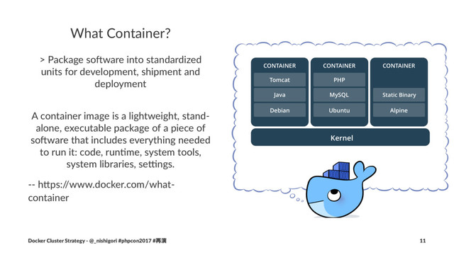 What Container?
> Package so+ware into standardized
units for development, shipment and
deployment
A container image is a lightweight, stand-
alone, executable package of a piece of
so:ware that includes everything needed
to run it: code, run>me, system tools,
system libraries, se?ngs.
-- h$ps:/
/www.docker.com/what-
container
Docker Cluster Strategy - @_nishigori #phpcon2017 #࠶ԋ 11
