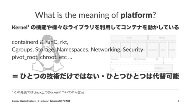 What is the meaning of pla$orm?
Kernel1 ͷػೳ΍༷ʑͳϥΠϒϥϦΛར༻ͯ͠ίϯςφΛಈ͔͍ͯ͠Δ
containerd & runC, rkt,
Cgroups, Storage, Namespaces, Networking, Security
pivot_root, chroot, etc ...
ʹ ͻͱͭͷٕज़͚ͩͰ͸ͳ͍ɾͻͱͭͻͱͭ͸୅ସՄೳ
1 ͜ͷൃදͰ͸Linux্ͷDockerʹ͍ͭͯͷΈݴٴ
Docker Cluster Strategy - @_nishigori #phpcon2017 #࠶ԋ 7

