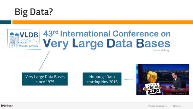 Big Data?
21.05.16
PyData Berlin 2016
Very Large Data Bases
since 1975
Source: CBS
Huuuuge Data
starting Nov 2016
Source: vldb.org
